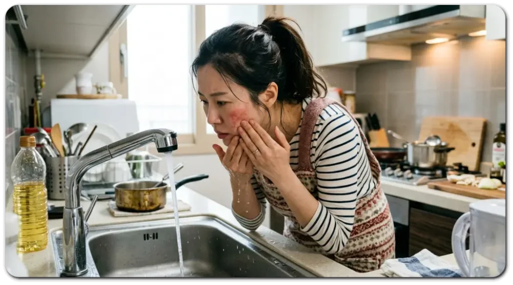 얼굴화상-입은-여성이-물로-얼굴을-식히고있다