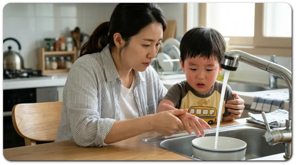 화상입은-아들의-손을-찬물에-식히는-엄마.