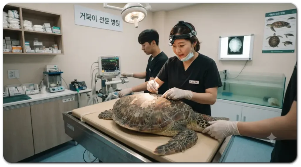 수의사가-아픈-거북이를-치료하고있다