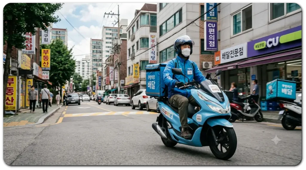 쿠팡이츠-배달원이-시간제보험-가입후-배달하고-있다