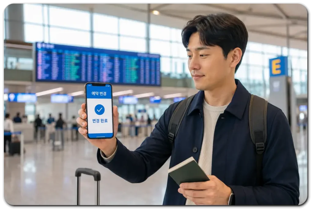 공항에서-스마트폰으로-항공편-변경-완료