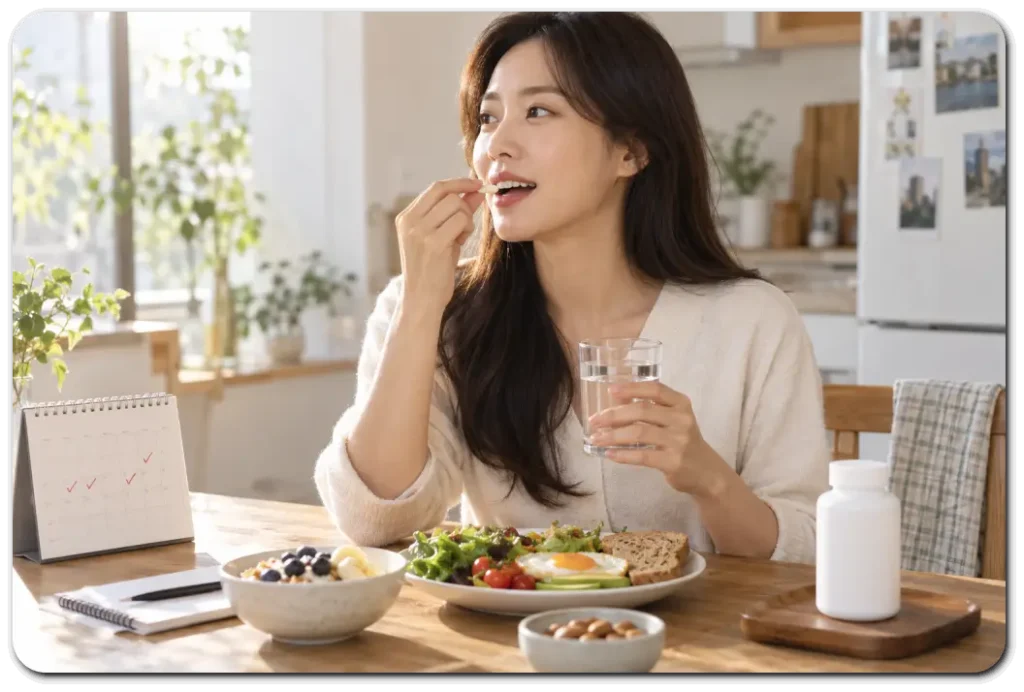 식사전-헤어영양제-복용하는-여성