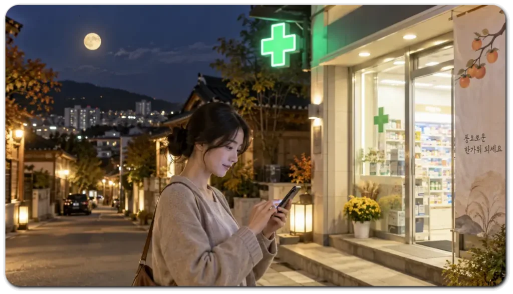추석-저녁-불-켜진-동네-약국
