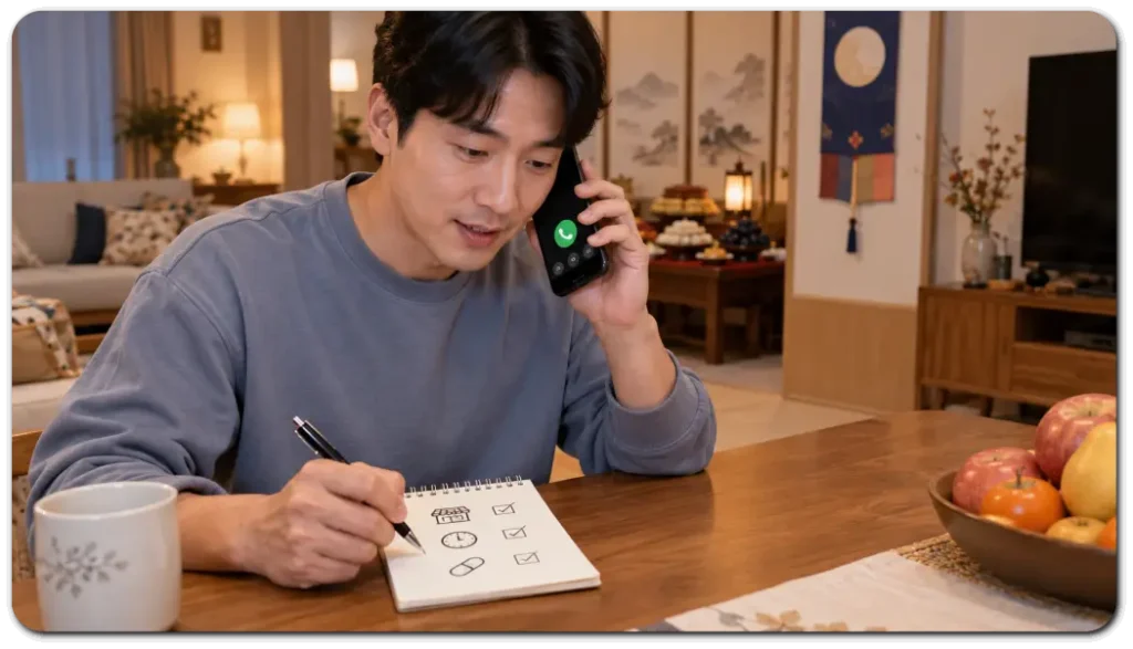 추석-출발-전-약국에-전화하는-남성
