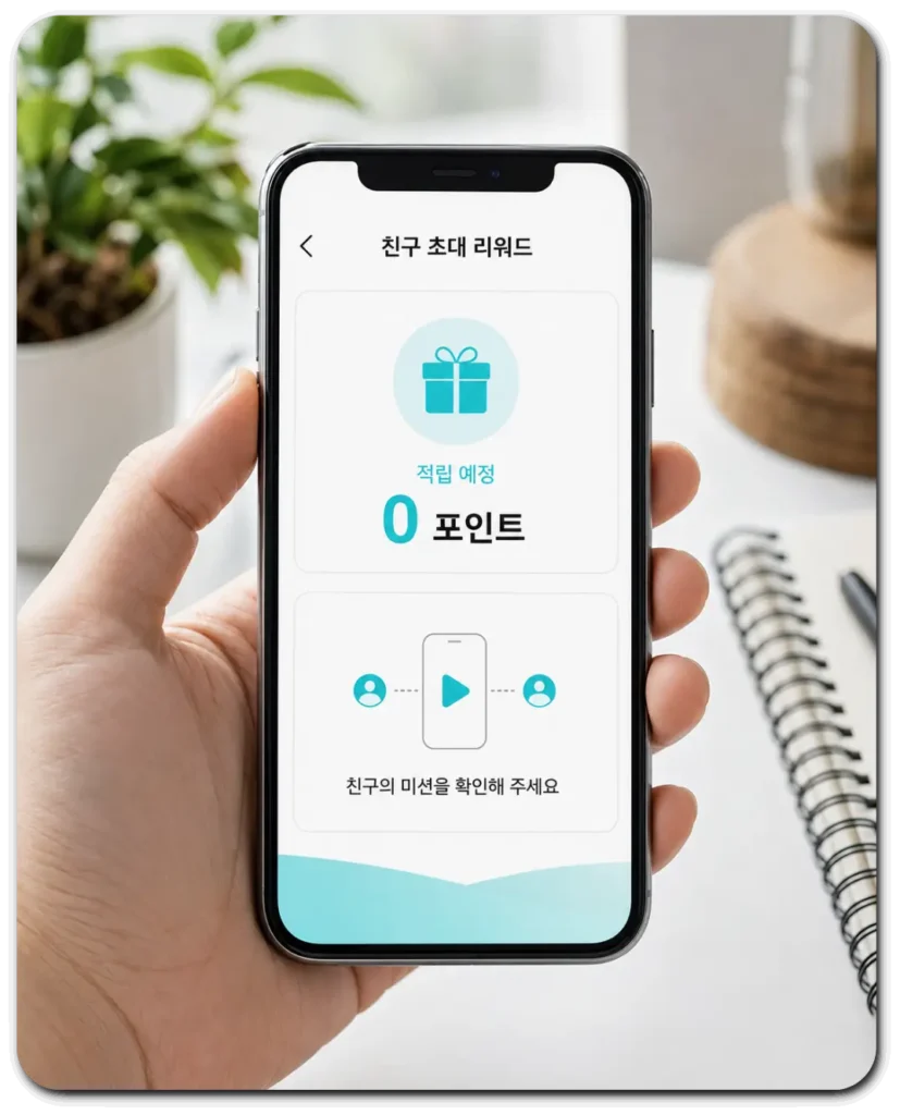친구초대 리워드 적립 예정·0포인트 화면